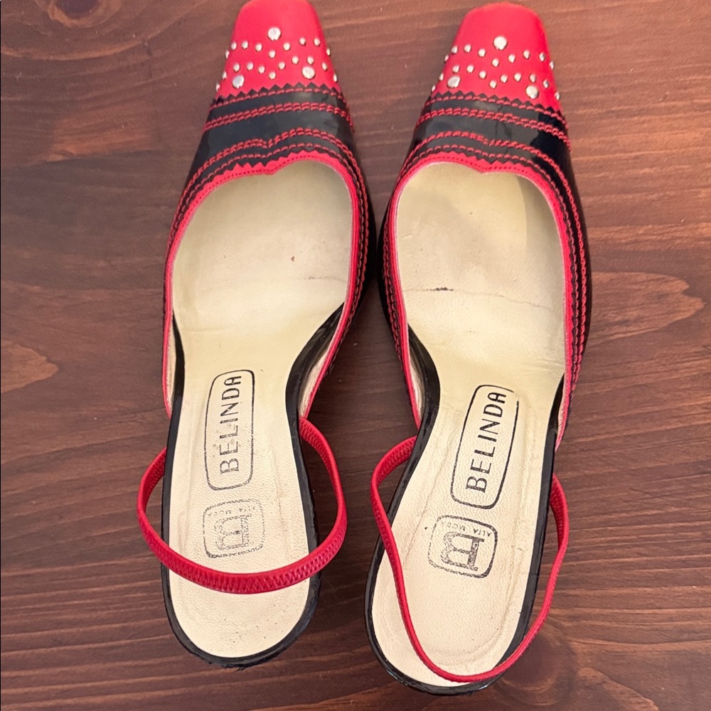 Y2K Red Black Studded Slingback Heels Square Toe Punk Vintage 37 - Picture 5 of 15